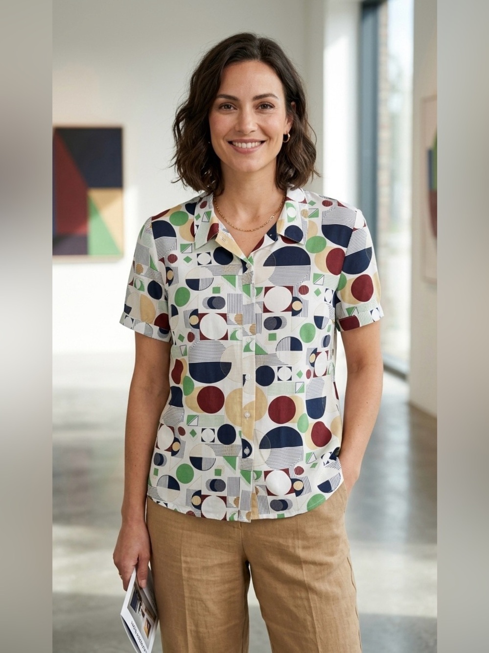 ICHI Retro Abstract Geometric Print Short Sleeve Button Down Blouse